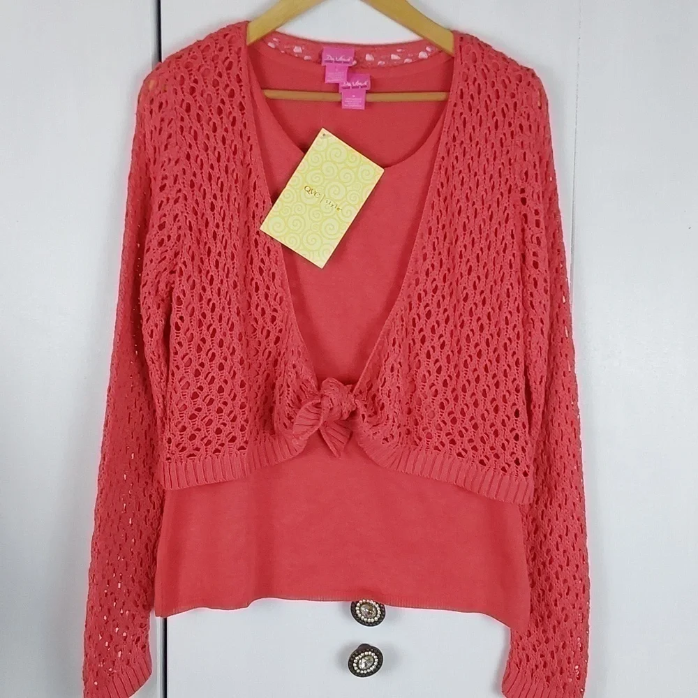 Du jour Womens Coral 2 piece Top set Crochet Cardigan W Tank shell Cute! Sz.M
